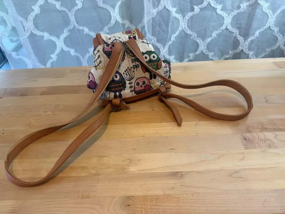 Small Tapestry Owl Print Mini Backpack with Brown Faux Leather Trim